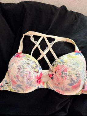 Cacique Floral Lace Push-Up Bra in White with Pink Accents